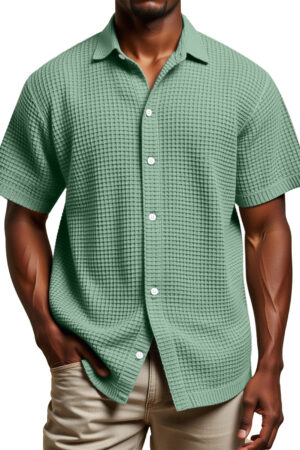 Men's Daily Simple Solid Color Waffle Texture Short-sleeved Lapel Button-down Shirt