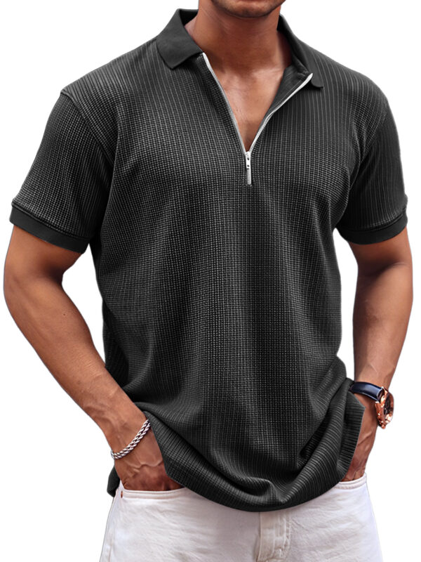 Men's Daily Waffle Casual Lapel Zipper Comfort Short Sleeve POLO Shirt - Image 6
