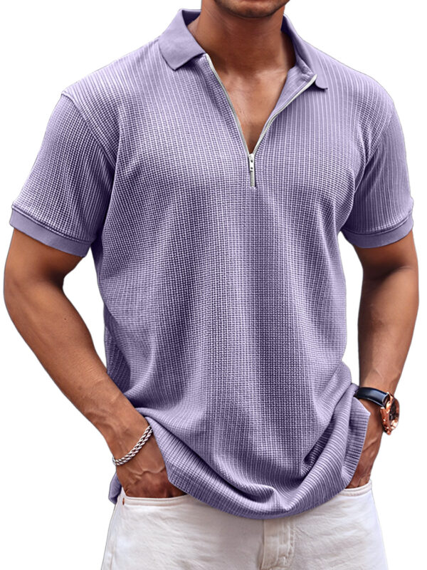 Men's Daily Waffle Casual Lapel Zipper Comfort Short Sleeve POLO Shirt - Image 9