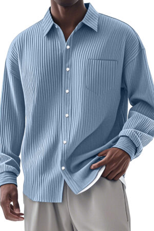 Men's Casual Simple Vertical Pit Strip Long-sleeved Lapel Shirt