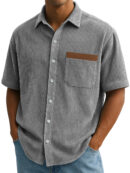 Men's Vintage Corduroy Embroidered Pit Stripe Casual Short Sleeve Shirt with Chest Pocket