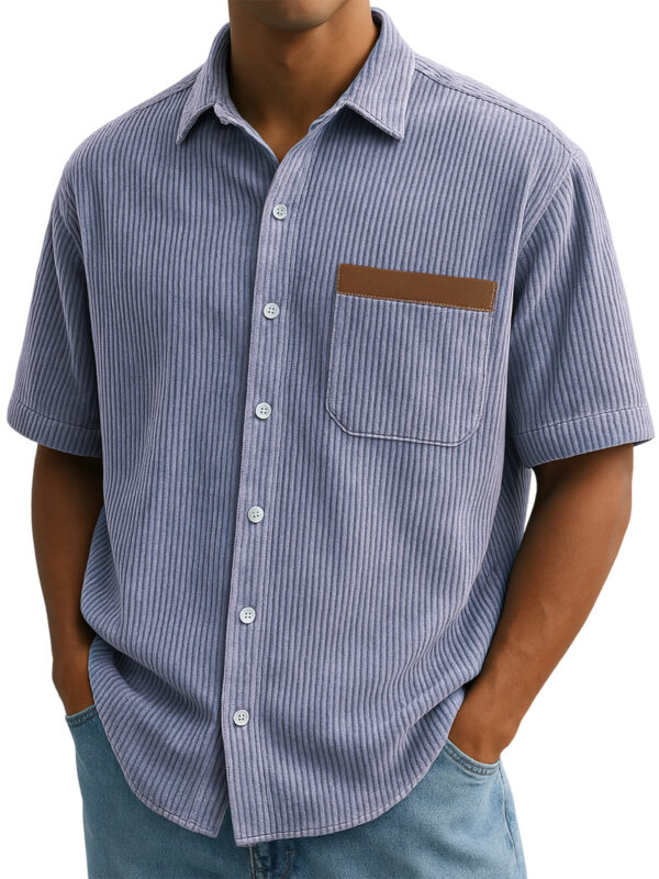 Men's Vintage Corduroy Embroidered Pit Stripe Casual Short Sleeve Shirt with Chest Pocket - Image 9