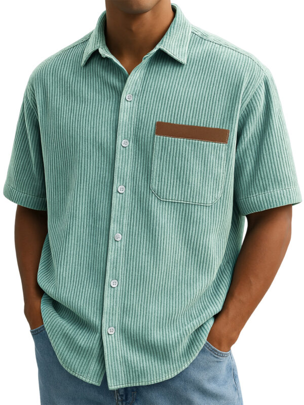 Men's Vintage Corduroy Embroidered Pit Stripe Casual Short Sleeve Shirt with Chest Pocket - Image 10