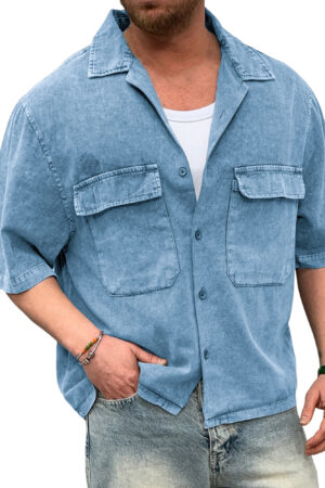 Men's Stylish Practical Double Pocket Vintage Dyed Distressed Short Sleeve Shirt