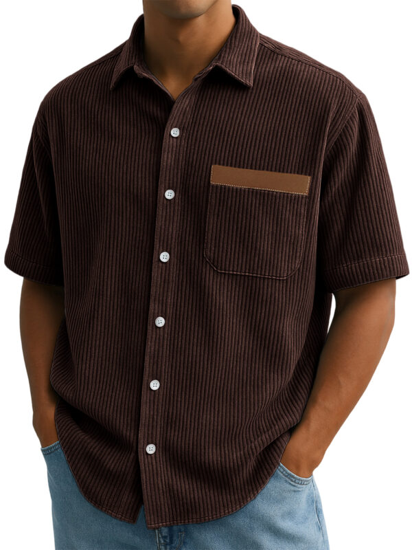 Men's Vintage Corduroy Embroidered Pit Stripe Casual Short Sleeve Shirt with Chest Pocket - Image 8